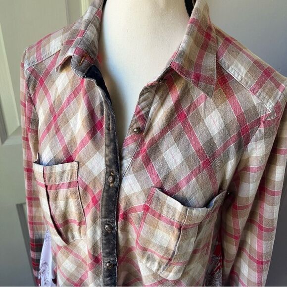 Aratta Silent Journey Floral Plaid Long Sleeve Pink Gray Button-Up Shirt Size XS - Picture 2 of 7